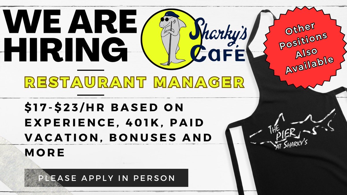 SharkysCafe's tweet photo. 🌞🌊 Spring and summer are near! We're hiring for Server/Bartender 🍹, HVAC Technician ❄️, Front of House Manager 🏢, and Grill Cooks 🍔. Stop by 10-11:30 AM or 1:30-4 PM for an interview! Join Sharky's Cafe &amp; The Pier! #JobOpportunities #JoinOurTeam #SharkysCafe #SpringHiring https://t.co/LkytNcWXDB