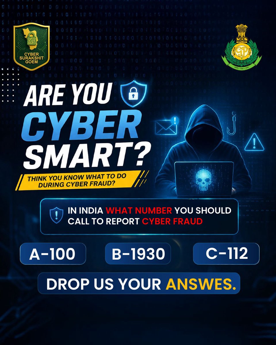 SPCyberGoa's tweet image. Are you cyber smart or just guessing? 🤔💻
Tell us the right answer and you might just win a surprise gift 🎁

Drop your answer below 👇 #CyberAware #StaySafe