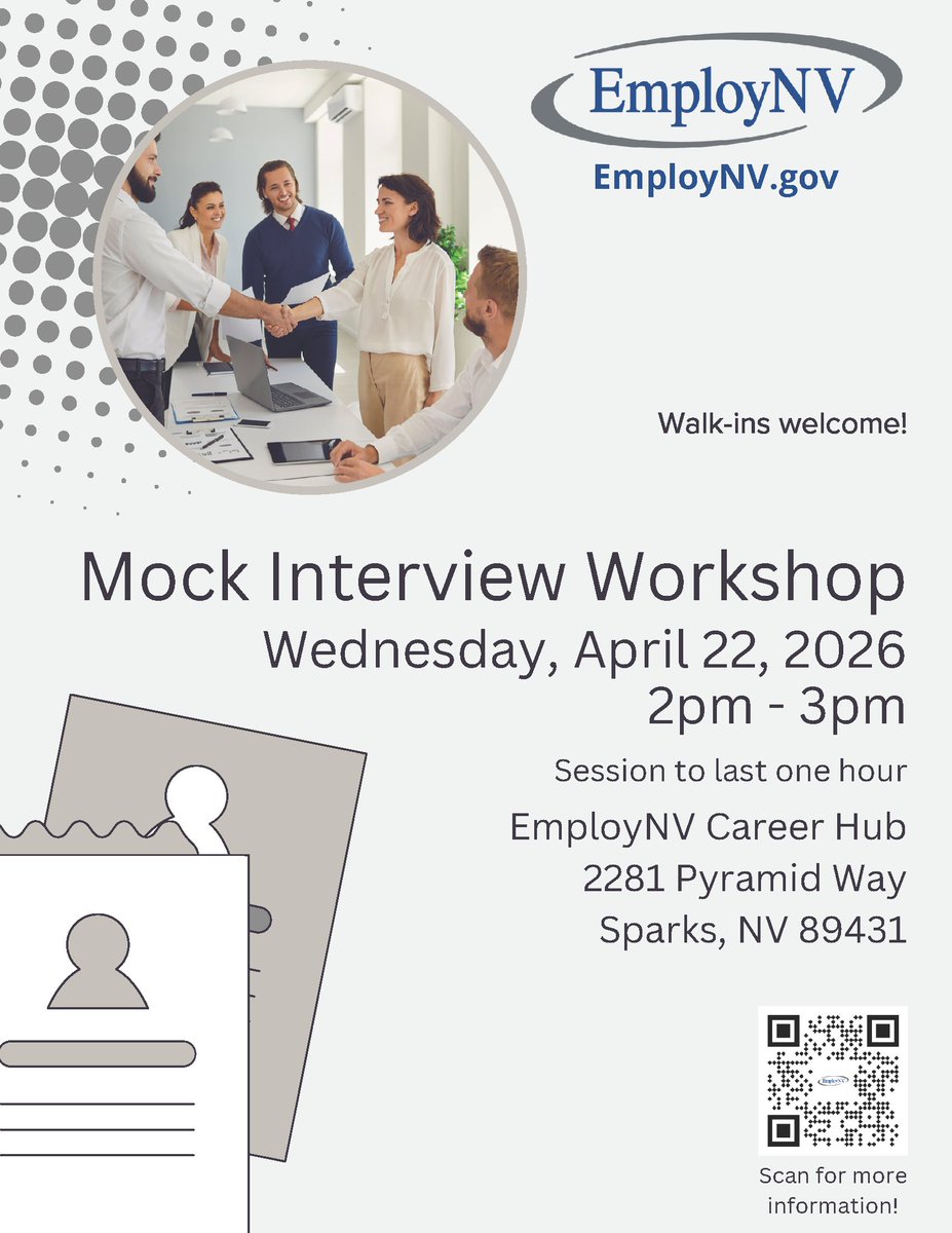 EmployNVNorth's tweet image. Dedicate one hour to you #CareerGoals on Wednesday, April 22, 2026 from 2pm-3pm for a Mock Interview Workshop!

📍 EmployNV Career Hub, 2281 Pyramid Way, Sparks, NV 89431

Whether you're new to interviewing or just want to sharpen your approach, this workshop if for you.