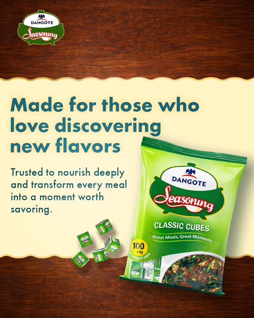 DangoteSalt's tweet photo. For those who love bold flavours and endless discovery in the kitchen, there’s a seasoning that stands as more than an ingredient; it’s the flavour you trust to transform every pot. 

Dangote Seasoning steps in with confident flavour you can always count on.

#DangoteSeasoning https://t.co/yVzQ9tYbJ0