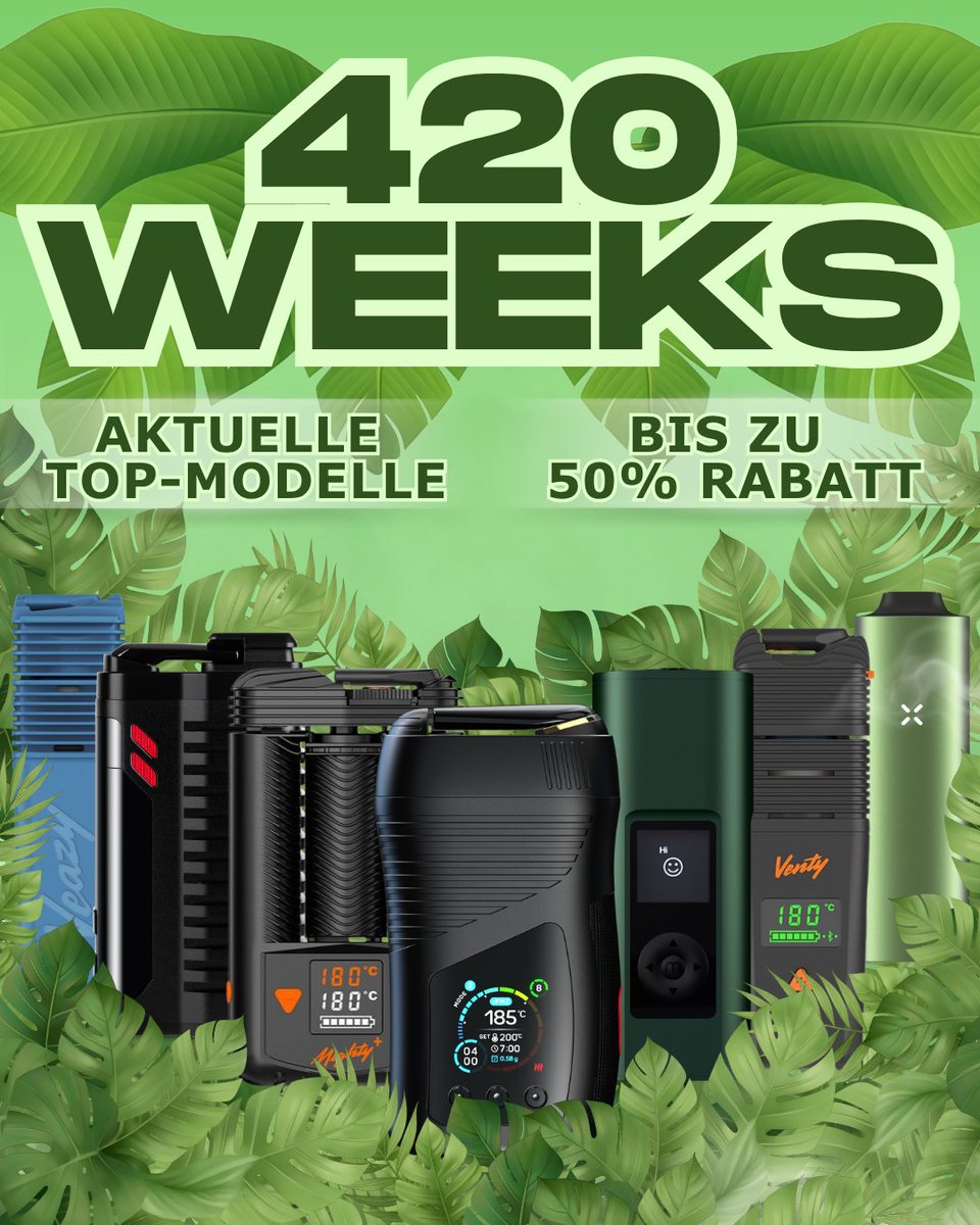 VapoweltDE's tweet image. Vom 13.04. bis 27.04.2026 420 WEEKS bei VAPOWELT®🔥🥦🌿

Entdecke aktuell sehr gefragte Top-Modelle wie den WOLKENKRAFT LIVE oder den ÄRiS ULTRA, den VENTY, den Arizer Solo 3 V2 oder den FENiX NEO und viele weitere zu unschlagbaren Preisen.

#vapowelt #aromatherapie #vaporizer