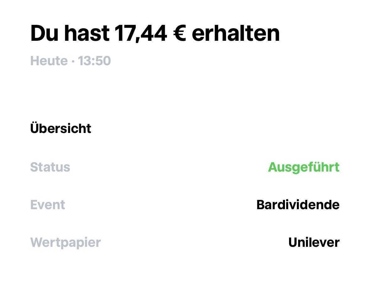 DividendCollect's tweet image. Ein etwas komisches, aber dennoch schönes Gefühl, wenn man eine #Aktie bereits verkauft hat, aus dem Kopf hat, und im Nachgang noch die letzte #Dividende erhält, weil man einen Tag vor dem Ex-Dividenden-Tag noch Besitzer der Aktie war.

➕17,44 € (netto) 🤑

$UL #Unilever #Börse