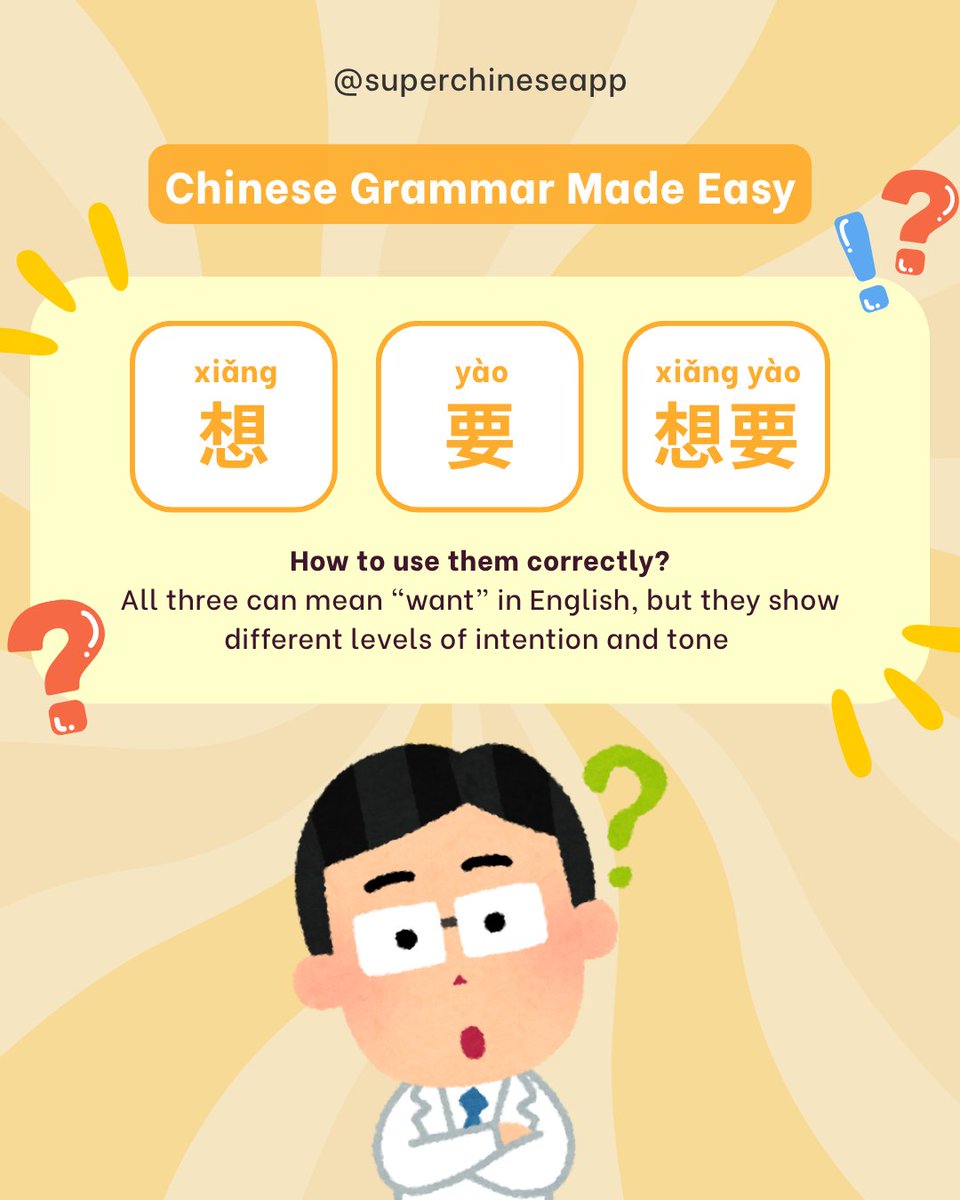 SuperChineseApp's tweet photo. Chinese Grammar Made Easy
想 · 要 · 想要
How to use them correctly?
All three can mean “want” in English —
but they show different levels of intention and tone 👀
Let’s break it down simply 👇

💬 The core idea
想 (xiǎng) → feel like / would like (soft)
要 (yào) → want / will / going to (strong)
想要 (xiǎng yào) → would like to have (polite + clear)
📌 Think:
👉 想 = feeling
👉 要 = decision
👉 想要 = polite request
📖 Examples

1️⃣ 想 (xiǎng) — preference
Used when you’re expressing what you feel like doing.
🍜 我想吃面。
(Wǒ xiǎng chī miàn.)
→ I feel like eating noodles.
🎬 我想看电影。
(Wǒ xiǎng kàn diànyǐng.)
→ I’d like to watch a movie.
💡 Just a thought — not necessarily decided.
2️⃣ 要 (yào) — decision
Used when you’ve decided or something will happen.
🍜 我要吃面。
(Wǒ yào chī miàn.)
→ I’m going to eat noodles.
📅 我明天要上班。
(Wǒ míngtiān yào shàngbān.)
→ I have to / will work tomorrow.
💡 Stronger and more definite.
3️⃣ 想要 (xiǎng yào) — polite want
Used when you want something, especially in real-life situations like ordering.
☕ 我想要一杯咖啡。
(Wǒ xiǎng yào yì bēi kāfēi.)
→ I’d like a coffee.
🛍️ 我想要这个。
(Wǒ xiǎng yào zhège.)
→ I’d like this one.
💡 Polite and natural in daily conversation.
⚠️ Important nuance

Sometimes 要 can sound too direct if you’re talking to people.
🗣️ 我要咖啡。
→ Can sound a bit demanding 😅
👉 Better:
我想要一杯咖啡。
(Wǒ xiǎng yào yì bēi kāfēi.)
→ I’d like a coffee.
✨ Wrap-up

If you’re not sure which one to use:
👉 go with 想 to sound softer
👉 use 要 when it’s decided
👉 choose 想要 to sound polite and natural
Small word choice, big difference in how you sound 💛
#LearnChinese #ChineseGrammar #ChineseGrammarMadeEasy #SuperChinese