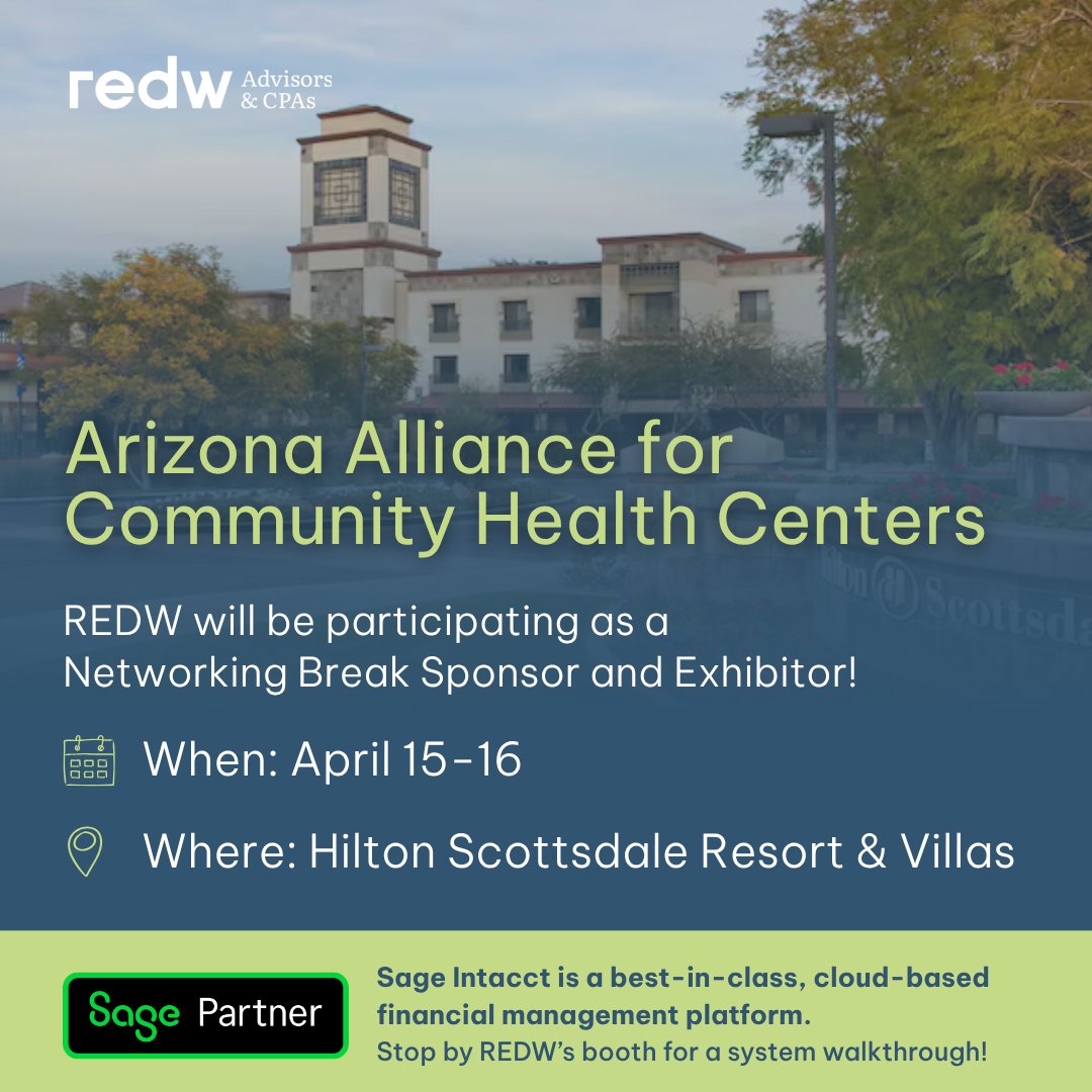 SteveCoganCPA's tweet photo. 🏥 Connect with REDW Technology Solutions experts at the 2026 Arizona Alliance for Community Health Centers (AACHC) Annual Conference!

REDW will be on-site as a Networking Break Sponsor and Exhibitor, April 15–16 at the Hilton Scottsdale Resort &amp; Villas.

Read more here:… https://t.co/Z89jtEm3Xm