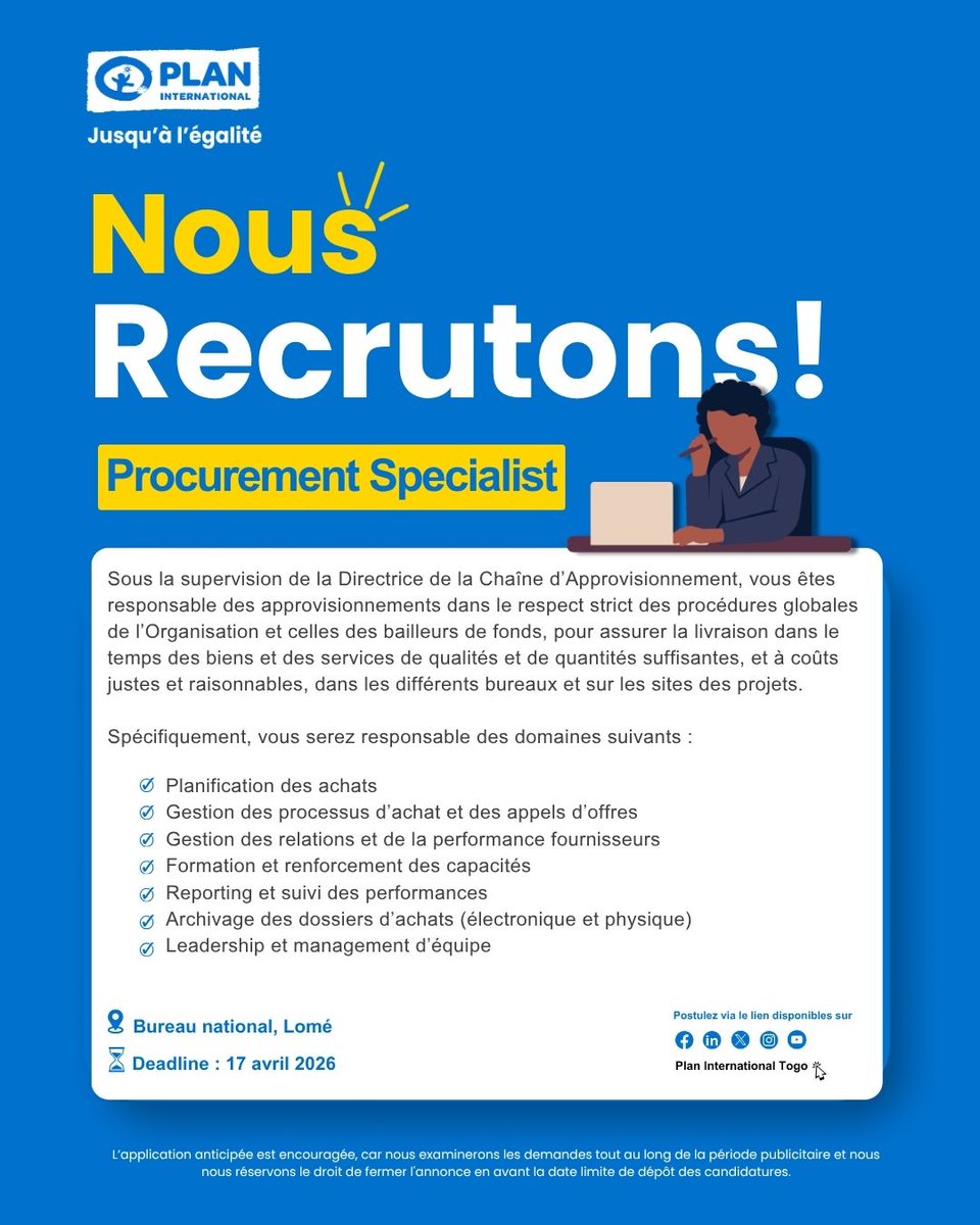 Plan International Togo recrute !
Poste : Spécialiste en Passation de Marché
Tu as de l’expérience en approvisionnement et tu veux avoir de l’impact ?
Candidatures examinées en continu postule vite !
career5.successfactors.eu/sfcareer/jobre…
#JobAlert #Recrutement #Togo #ONG