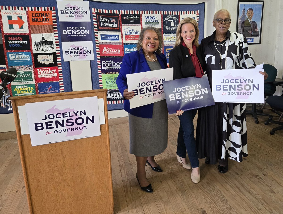 AdamsBrandell's tweet photo. Jocelyn Benson stopped by SCDP HQ, holding a press conference announcing her plan if elected Governor to lower energy costs for Michigan residents, invest in energy infrastructure, and hold corporations accountable. 

Mayor Moore and Rosa Holiday welcomed Jocelyn to Saginaw. https://t.co/oTl3hvRSob