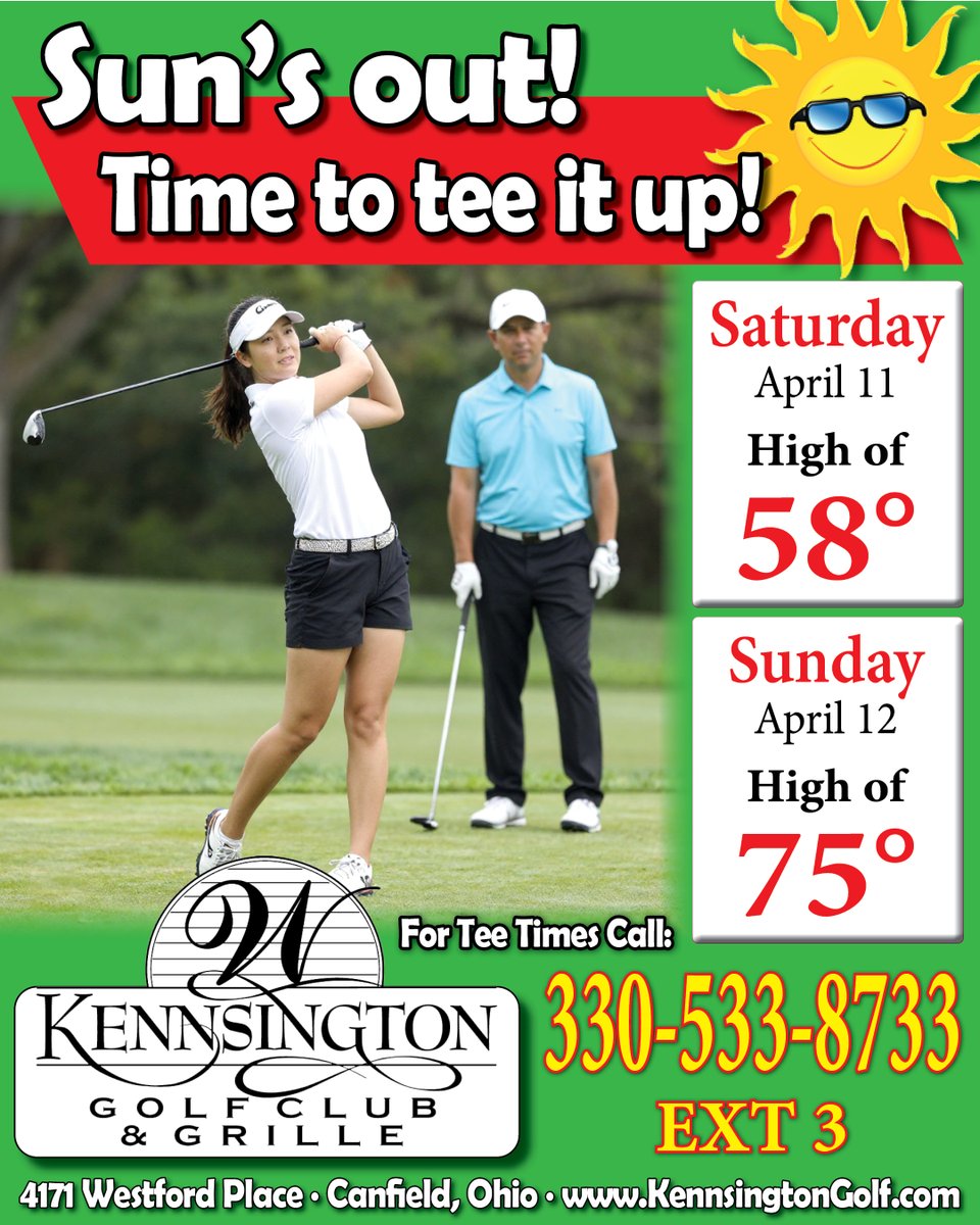 KennsingtonGolf's tweet photo. Blue skies, green fairways—call for weekend tee times at Kennsington!
Saturday: high of 58 degrees
Sunday: 75 degrees!
Call 330-533-8733 ext. 3 for tee times.
Stop in to Kennsington Grille before or after your round.
4171 Westford Place, Canfield, Ohio 44406
#springgolf #golfohio https://t.co/ghfKA0nrky