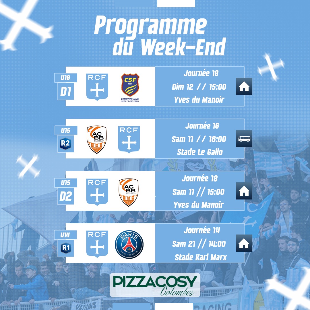 racing_cff's tweet photo. Le #ProgrammeDuWeekEnd des équipes #N3 #U19NAT #U17NAT et des autres sections du Racing Club de France Football by @pizzacosyfrance de Colombes🔵⚪️
#AllezRacing #RCF https://t.co/sFDmUv9VV9