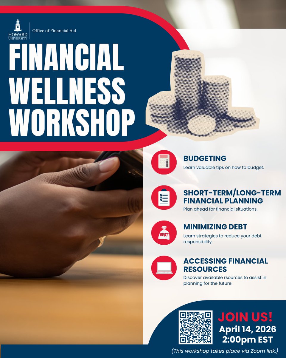 HowardFinAid's tweet photo. You're invited! - 'Financial Wellness Workshop'.

🗓️: April 14
⏰: 2pm EST
🎟️: https://t.co/JT1C7Cfgv3

In this workshop, you will gain information on budgeting, short and long-term financial planning, minimizing debt, and how to access financial resources.

Join in via Zoom. https://t.co/0dD1jaN241