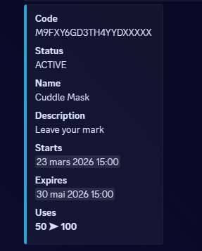 FN_CodesDrops's tweet image. Cuddle Mask Spray

M9FXY-6GD3T-H4YYD-QC6AA

100x Uses