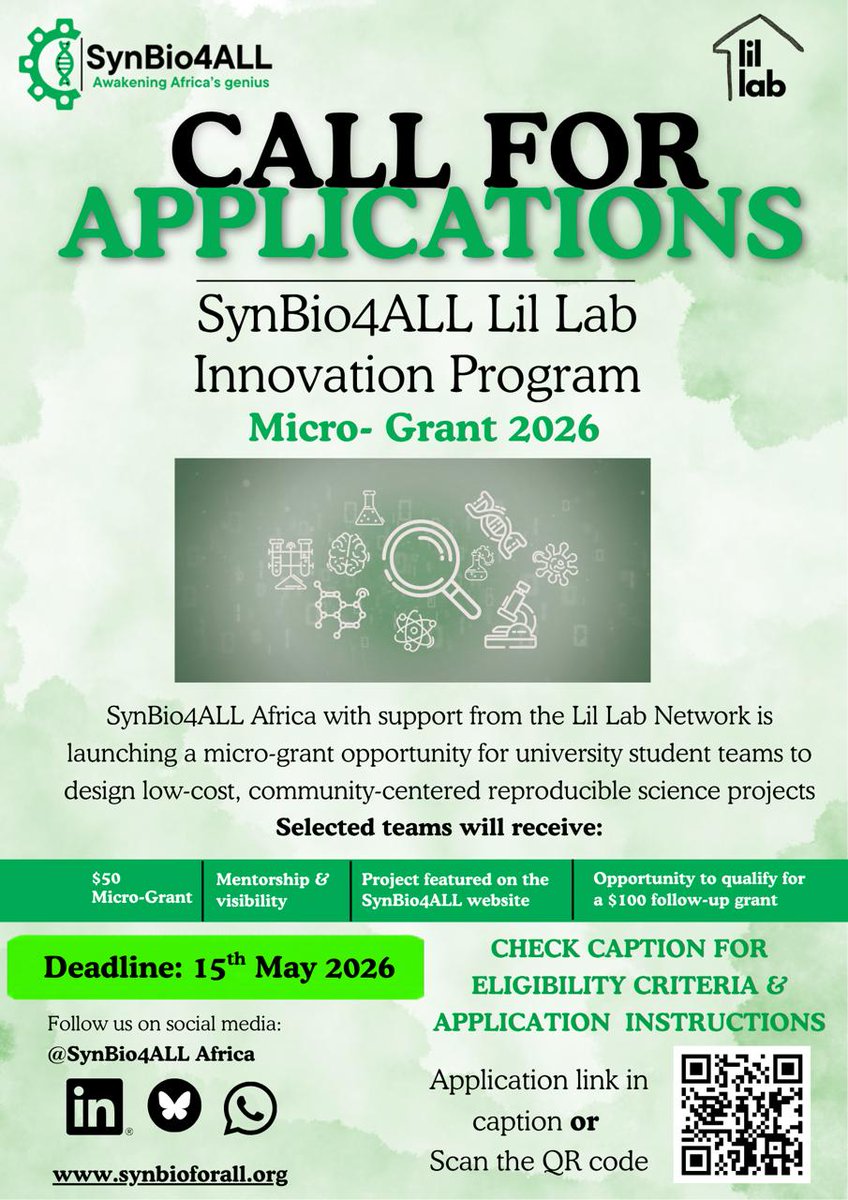 katosebunya1's tweet photo. SynBio4ALL Lil Lab Project Micro-Grant 2026. We’re supporting student teams across Africa working on practical solutions using synthetic biology and frugal science. 6 teams selected. Deadline 15 May 2026. Apply https://t.co/WdOCemU1pL Details https://t.co/HZbZ9R4HVb https://t.co/2oa19LGOma
