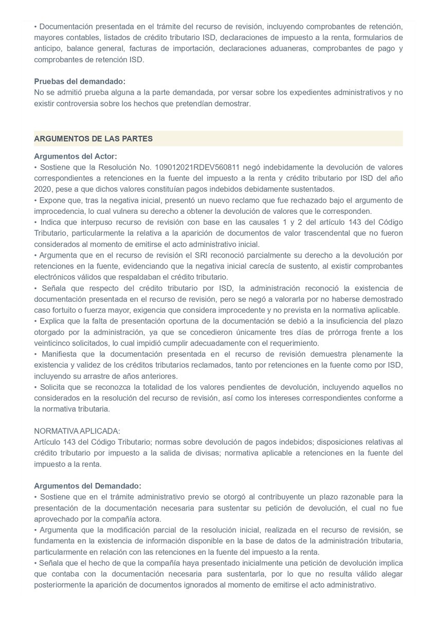 PaulinaRojasJ's tweet photo. ➡️ ¿Puede el SRI rechazar prueba nueva en el recurso de revisión, por no haber sido presentada en el reclamo?

Tribunal Distrital de lo Contencioso Tributario del Guayas
Juicio: 09501-2025-00228
Sentencia: 3 de marzo de 2026

📌 ¿Qué se discutió?
El conflicto jurídico se centró en determinar si, dentro de un recurso de revisión, el contribuyente puede presentar documentación no aportada en la fase administrativa previa, y si la Administración Tributaria está obligada a valorarla, particularmente bajo la causal de aparición de nuevos documentos prevista en el artículo 143 del Código Tributario.

📌 ¿Qué resolvió el Tribunal?
El Tribunal estableció que la Administración Tributaria no puede rechazar la valoración de documentación presentada en el recurso de revisión bajo el argumento de que no se demostró caso fortuito o fuerza mayor para su no presentación previa. Precisó que dicha exigencia no forma parte de los requisitos de la causal prevista en el artículo 143 numeral 2 del Código Tributario. En consecuencia, determinó que la prueba nueva sí debe ser analizada en sede de revisión cuando es presentada dentro de este recurso, incluso si no fue aportada en la fase de reclamo, y que su valoración puede incidir en la modificación del acto administrativo impugnado.

📌 Criterio relevante
“la exigencia de demostrar caso fortuito o fuerza mayor por la que no entregó la documentación en fasede reclamo no consta como requisito de la causal en el numeral 2 del art. 143 del Código Tributario, por loque no puede ser establecido como condicionante por la administración. Además, no se ha evidenciado queel contribuyente contaba con dicha documentación al momento de expedirse la resolución del reclamo, porlo que bien incluso pudo haber “aparecido” con posterioridad a la resolución del reclamo, y por tanto hayasido “ignorada” por la compañía” (sección 7.1)

🔎 Lo más interesante del caso
El Tribunal delimita el alcance de la causal de aparición de nuevos documentos y corrige una práctica restrictiva de la Administración: exigir fuerza mayor como requisito, pese a no estar previsto en la ley. Este criterio refuerza que la prueba nueva —incluso aquella que no se tenía o no se presentó en fase de reclamo— debe ser valorada posteriormente, siempre que se enmarque en la causal invocada, lo que abre una vía estratégica clave para la defensa tributaria.

@lacortedicetrib 
#LaCorteDiceTributaria