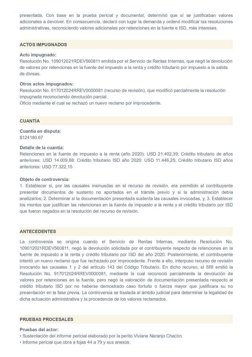 PaulinaRojasJ's tweet photo. ➡️ ¿Puede el SRI rechazar prueba nueva en el recurso de revisión, por no haber sido presentada en el reclamo?

Tribunal Distrital de lo Contencioso Tributario del Guayas
Juicio: 09501-2025-00228
Sentencia: 3 de marzo de 2026

📌 ¿Qué se discutió?
El conflicto jurídico se centró en determinar si, dentro de un recurso de revisión, el contribuyente puede presentar documentación no aportada en la fase administrativa previa, y si la Administración Tributaria está obligada a valorarla, particularmente bajo la causal de aparición de nuevos documentos prevista en el artículo 143 del Código Tributario.

📌 ¿Qué resolvió el Tribunal?
El Tribunal estableció que la Administración Tributaria no puede rechazar la valoración de documentación presentada en el recurso de revisión bajo el argumento de que no se demostró caso fortuito o fuerza mayor para su no presentación previa. Precisó que dicha exigencia no forma parte de los requisitos de la causal prevista en el artículo 143 numeral 2 del Código Tributario. En consecuencia, determinó que la prueba nueva sí debe ser analizada en sede de revisión cuando es presentada dentro de este recurso, incluso si no fue aportada en la fase de reclamo, y que su valoración puede incidir en la modificación del acto administrativo impugnado.

📌 Criterio relevante
“la exigencia de demostrar caso fortuito o fuerza mayor por la que no entregó la documentación en fasede reclamo no consta como requisito de la causal en el numeral 2 del art. 143 del Código Tributario, por loque no puede ser establecido como condicionante por la administración. Además, no se ha evidenciado queel contribuyente contaba con dicha documentación al momento de expedirse la resolución del reclamo, porlo que bien incluso pudo haber “aparecido” con posterioridad a la resolución del reclamo, y por tanto hayasido “ignorada” por la compañía” (sección 7.1)

🔎 Lo más interesante del caso
El Tribunal delimita el alcance de la causal de aparición de nuevos documentos y corrige una práctica restrictiva de la Administración: exigir fuerza mayor como requisito, pese a no estar previsto en la ley. Este criterio refuerza que la prueba nueva —incluso aquella que no se tenía o no se presentó en fase de reclamo— debe ser valorada posteriormente, siempre que se enmarque en la causal invocada, lo que abre una vía estratégica clave para la defensa tributaria.

@lacortedicetrib 
#LaCorteDiceTributaria