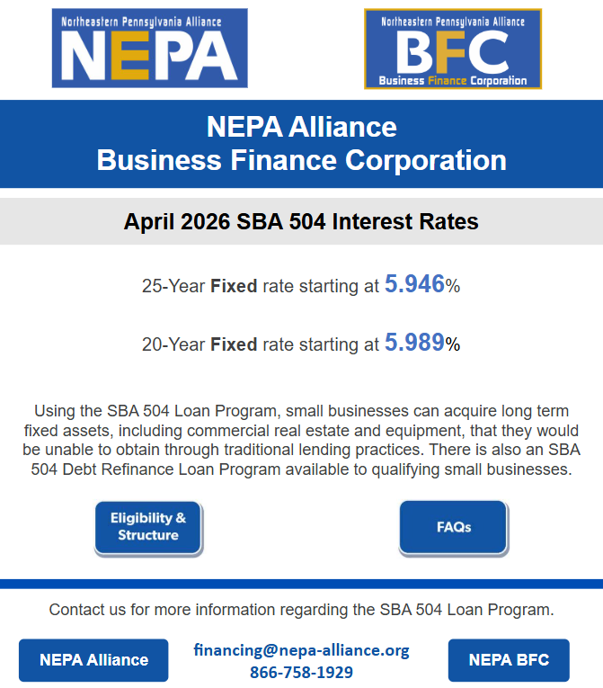 NEPA_Alliance's tweet image. NEPA Alliance Business Finance Corporation 💸 

April 2026 SBA 504 Interest Rates. 

📩 financing@nepa-alliance.org 
📞 866-758-1929 
💻 nepabfc.org  

#smallbusiness #finance #loans #sba504 #nepabfc