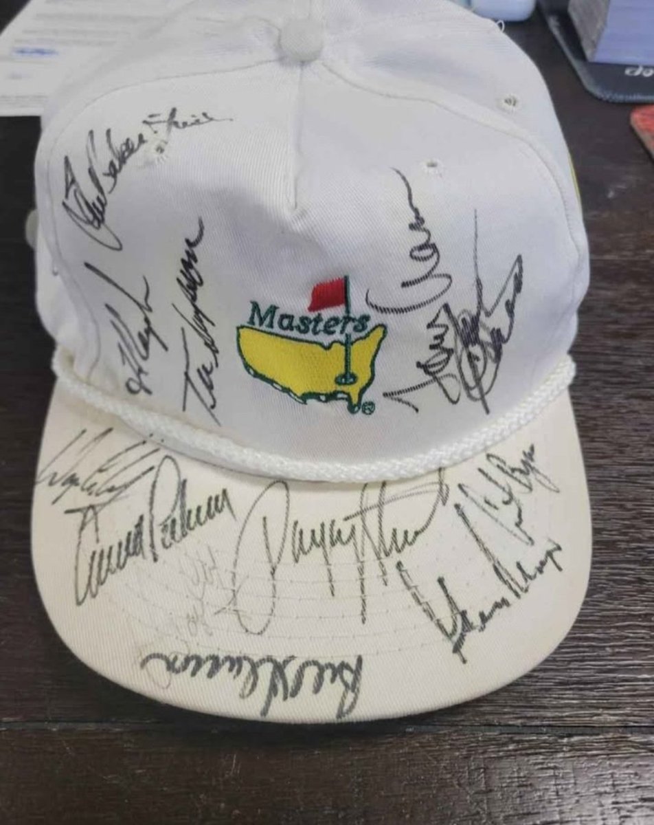 CothranMarty's tweet photo. @SlabtownCollect Masters Time! JSA CERTIFIED 

Official Hat from The 1990 Masters 

Palmer, Player, Stewart, Aaron, Faldo (winner), Couples, Crenshaw, Finch all on letter 

Sevi Ballesteros is on the hat as well but not on the letter.  

$750 obo https://t.co/faKn7VD8ta