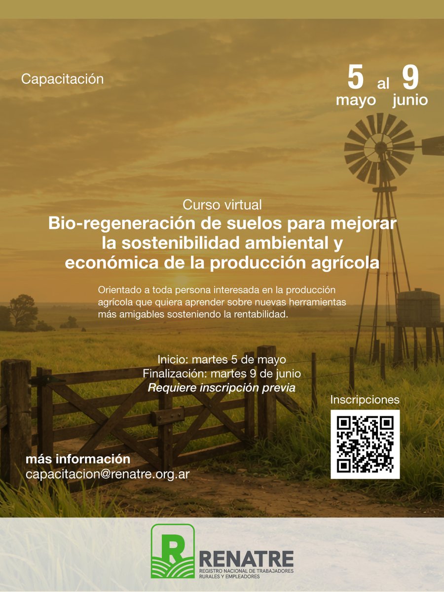 renatreinforma's tweet image. 📣Capacitación gratuita sobre Bioregeneración de suelos🌱

📅5 de mayo al 9 de junio
💻Virtual asincrónica
📱Solo necesitás un dispositivo con acceso a internet.

ℹ️Inscribite👉renatre.org.ar/capacitacion/b…

📩Consultas a👉capacitacion@renatre.org.ar

#capacitacion #campoargentino