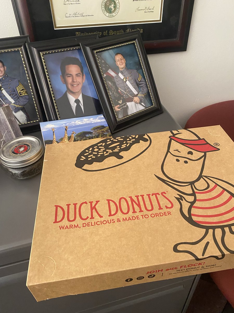 DrTraceyK's tweet image. Hosted 3 fabulous days of conference, first day back in office. A doctoral student is hanging out, talking to me, &amp;amp; keeping me not focused on work. That said, he brought donuts. Duck Donuts! We are good here. #PhDLife