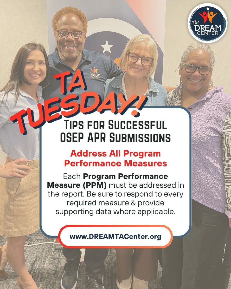 DREAMTACenter's tweet photo. TA Tuesday! APR preparation doesn’t have to be overwhelming. Review today’s DREAM Center tip to help keep your reporting on track.
📅 Annual Performance Report Deadline: May 1, 2026
Helpful tools at https://t.co/9i5QuqG1fr #TechnicalAssistanceTuesday #APRSeason #OSEPGrants https://t.co/DP8naSsYR8