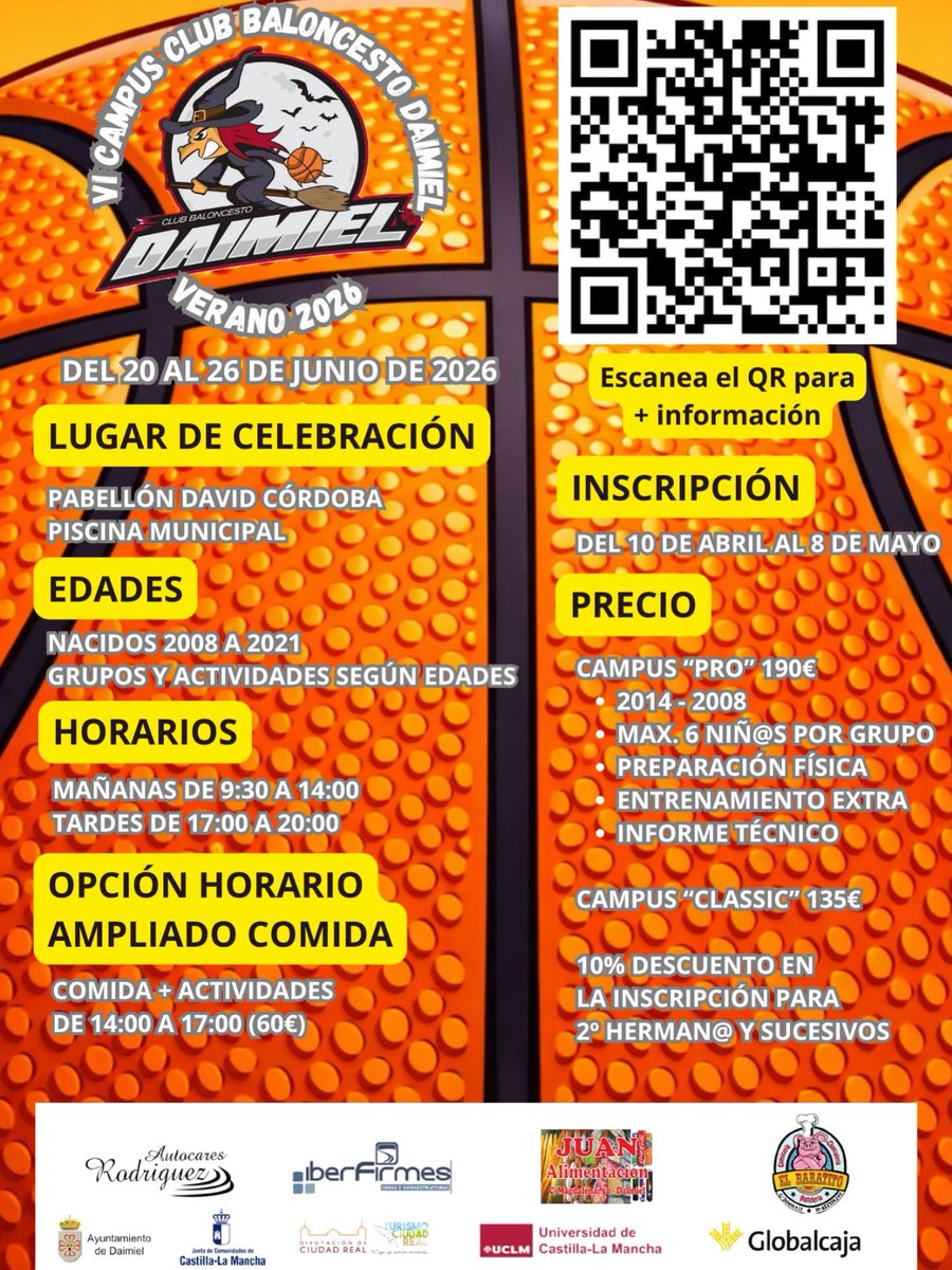 CBDaimiel's tweet photo. ☀️ 𝐕𝐈 𝐂𝐀𝐌𝐏𝐔𝐒 𝐂𝐁 𝐃𝐀𝐈𝐌𝐈𝐄𝐋

Como cada verano… ¡llega una nueva edición del Campus Club Baloncesto Daimiel!

Una semana llena de actividades y experiencias para los participantes, que comenzará el 20 de junio y finalizará el 26 de junio.

👀 Este año el Campus trae una novedad, y es que contaremos con el Campus “Pro” y el Campus “Classic” donde próximamente se detallarán las actividades a realizar.

⚠️ La inscripción tiene lugar desde hoy mismo hasta el próximo 8 de mayo, así que ten cuidado y reserva tu plaza YA.