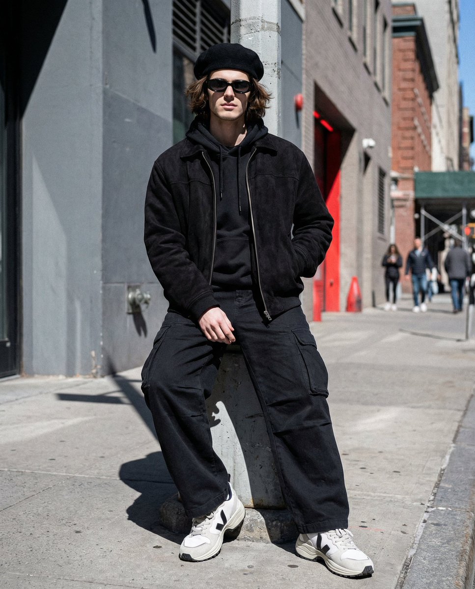 harboriis's tweet image. Nano Banana Pro on @SocialSight 

Prompt
A straight-on full-body shot depicts an androgynous young Caucasian adult, possibly in their early 20s, with tousled chin-length medium-brown hair peeking from under a black beret. The subject wears black oval sunglasses, a loose-fitting