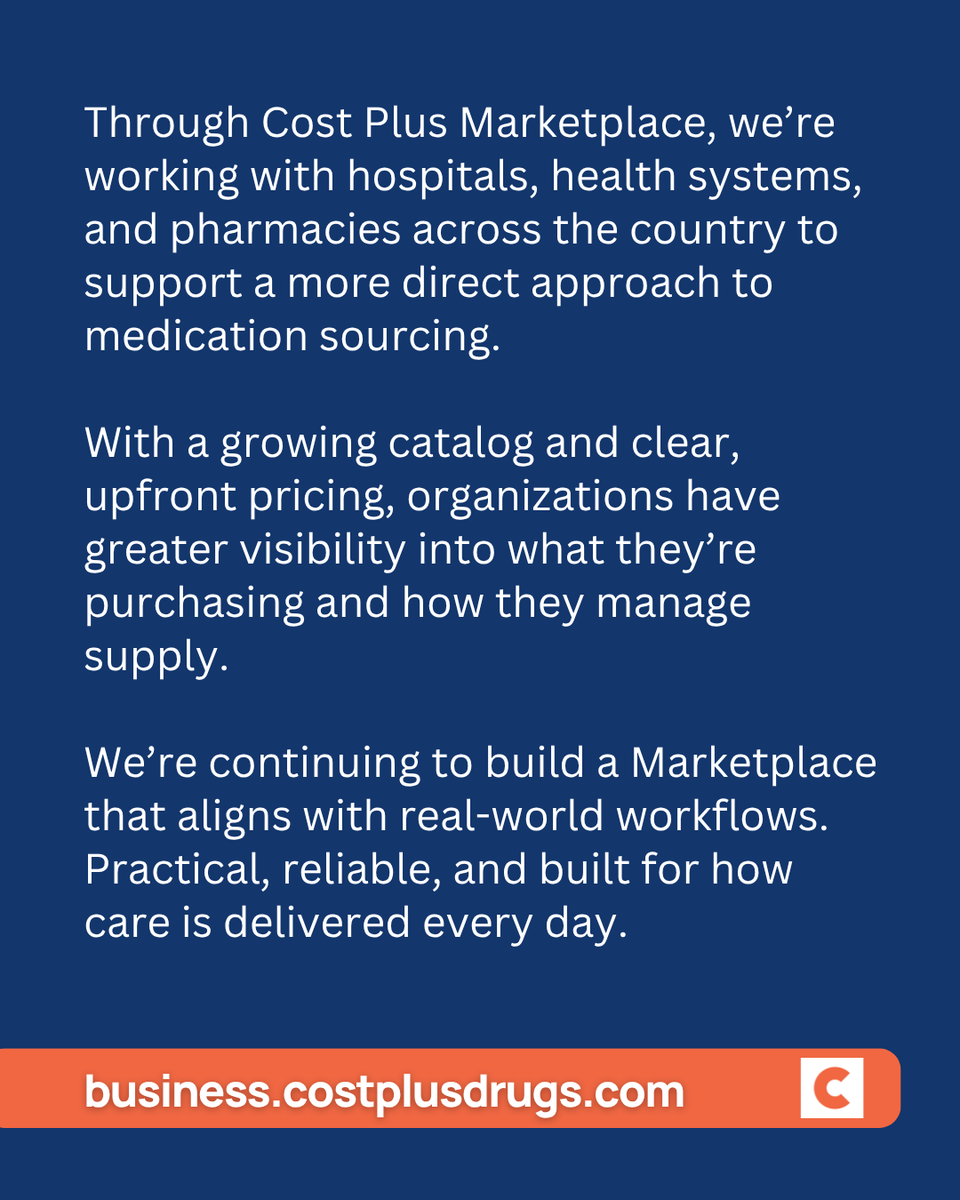 costplusdrugs's tweet photo. For hospitals, health systems, and pharmacies, sourcing medications shouldn’t be so complicated.

ℹ️ 𝐂𝐨𝐬𝐭 𝐏𝐥𝐮𝐬 𝐌𝐚𝐫𝐤𝐞𝐭𝐩𝐥𝐚𝐜𝐞 is built specifically for healthcare organizations, offering access to a growing catalog of medications with clear, upfront pricing and a more direct purchasing experience.

We’re continuing to build a Marketplace that aligns with how care is actually delivered every day.

If your organization is exploring new supply options or looking to streamline purchasing, now is a great time to take a closer look.

➡️ Register your organization at https://t.co/0ZZLabUvQ0
