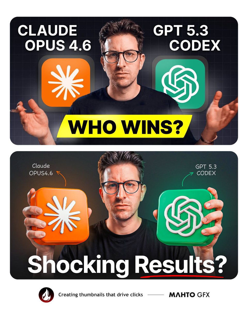 MahtoGFX's tweet photo. Day 16 of Consecutive Thumbnail Re-Design🖌🎨

Title - Claude Opus 4.6 vs GPT-5.3 Codex

Let me know what do you think about this in the comments 👇

Tools Used - @photoshop

#MahtoGFX #Mahto #thumbnail #photoshop #graphicsdesign https://t.co/rZux79VJtw