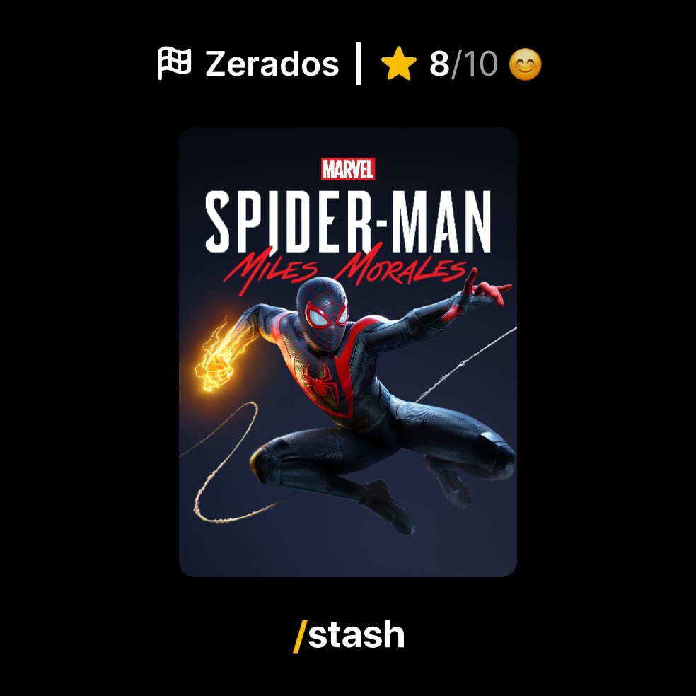 Marvel's Spider-Man: Miles Morales (2020) 
8/10 ★★★★★★★★☆☆

Check out review on Stash!
stash.games/games/marvels-…

<a href="/StashTrackGames/">Stash - Video Games Tracker</a>