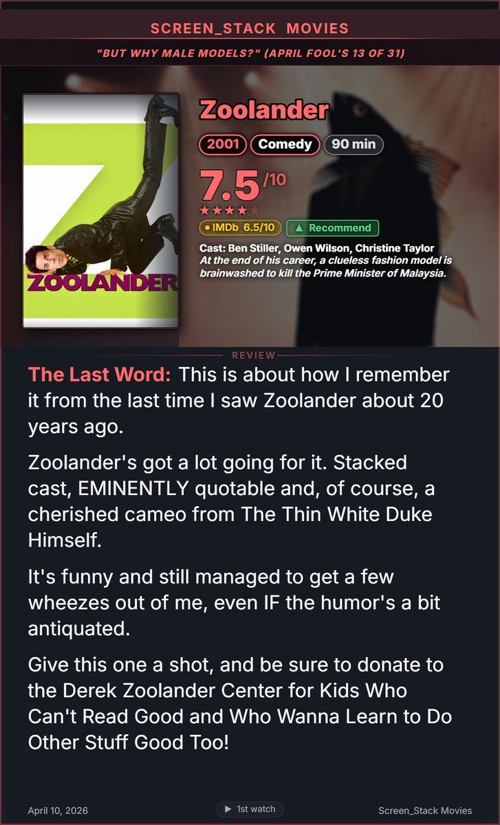 StackScreen7878's tweet image. Zoolander (2001)

"But why male models?" (April Fool's 13 of 31)

⭐ 7.5/10

Zoolander is so HOT right now! You should be hot too! Watching this movie will make you ridiculously good-looking*! 

*success not guaranteed

#Zoolander #screen_stack #yourscreen #moviereview