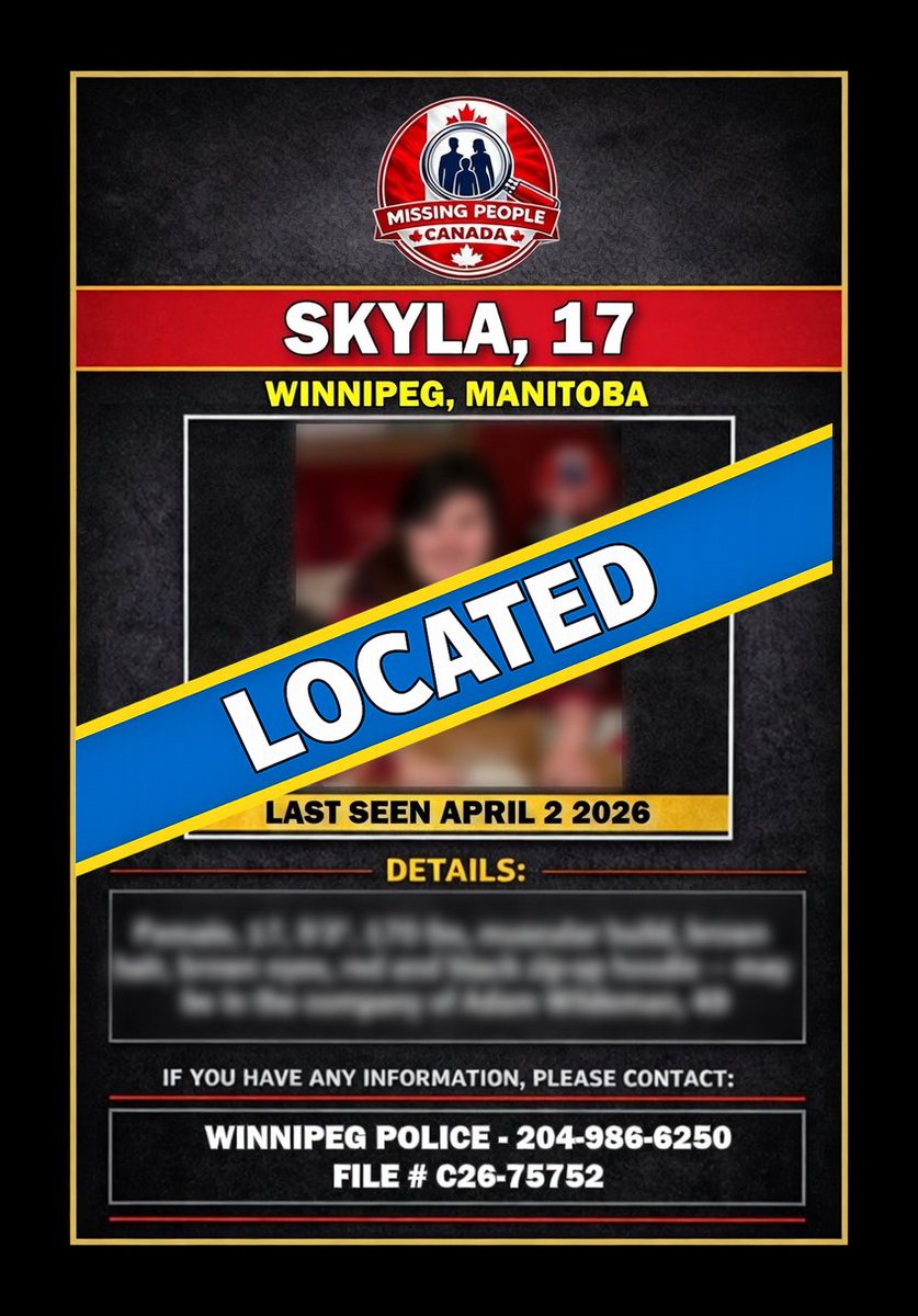 Missing_CA's tweet image. ✅ LOCATED – SKYLA

Skyla, 17, who was reported missing in Winnipeg, Manitoba, has been located.

Thank you to the community for your assistance.

#Located #Skyla #Winnipeg #Manitoba #MissingPersonLocated #MissingPeopleCanada