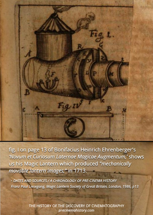 RealPreCinema's tweet image. 1713
MECHANICALLY MOVABLE LANTERN IMAGES
BONIFACIUS HEINRICH EHRENBERGER (1681-1759)
According to Liesegang, Ehrenberger describes moving lantern images that were operated mechanically (p13 Dates &amp;amp; Sources). Liesegang also states that Ehrenberger himself “produced”  these moving