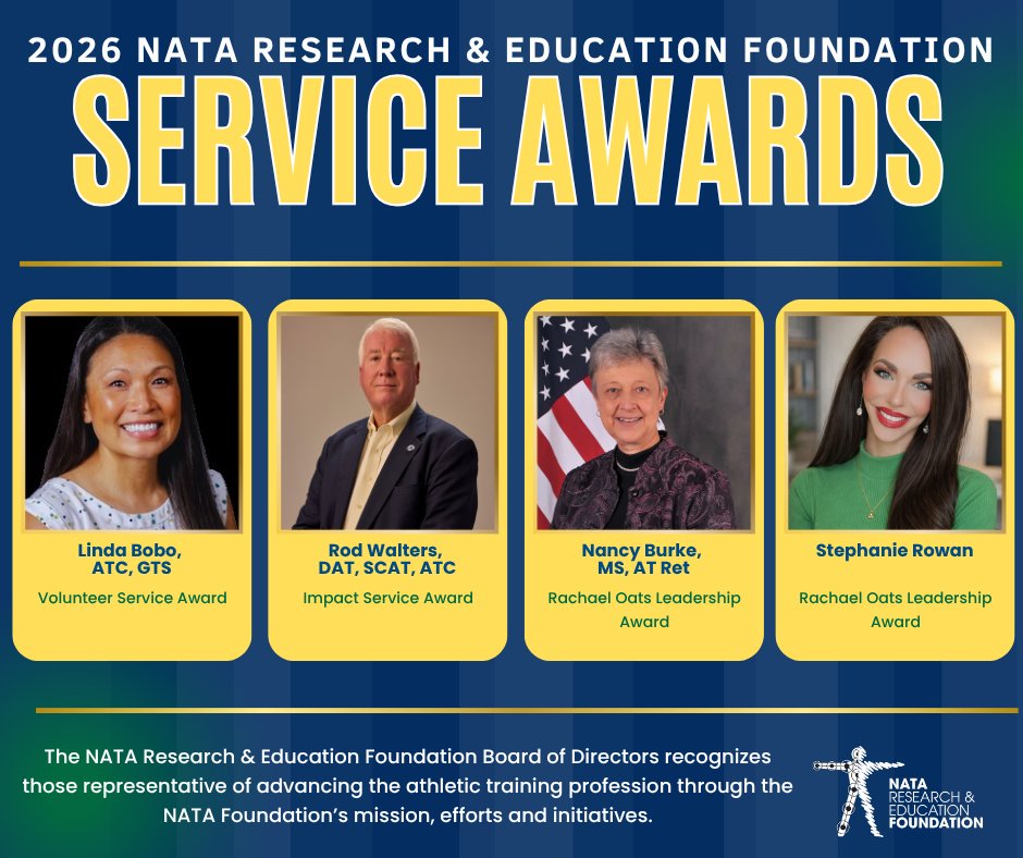 NATAFoundation's tweet image. 🎉 Meet our 2026 NATA Foundation Service Award Winners!

Honoring leaders who exemplify dedication, service, and impact in advancing athletic training 💙

🔗 Learn more: natafoundation.org/who-we-are/fdt…

#NATAFoundation #AthleticTraining #Leadership