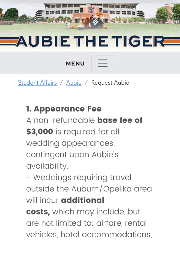 SickosCommittee's tweet photo. A few updates as some prices changed this week.  

Hokie Bird is now $300 hr, not $200.  
Kansas Jayhawk is now $550 hr, not $450. Big XII's most expensive  

Finally, I missed the form link for Aubie, Auburn's Mascot.   

A $3,000.00 NON-REFUNDABLE BASE FEE FOR AUBIE!  
MOST EXPENSIVE MASCOT AT A WEDDING!