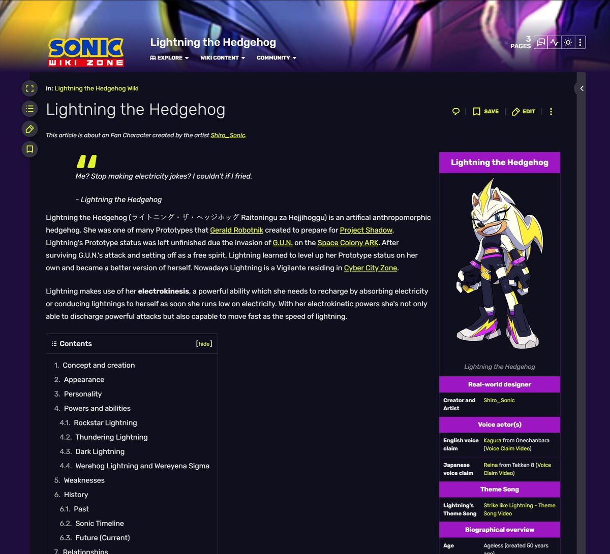 Reminder that Lightning the Hedgehog has her own Wiki page! I started ...
