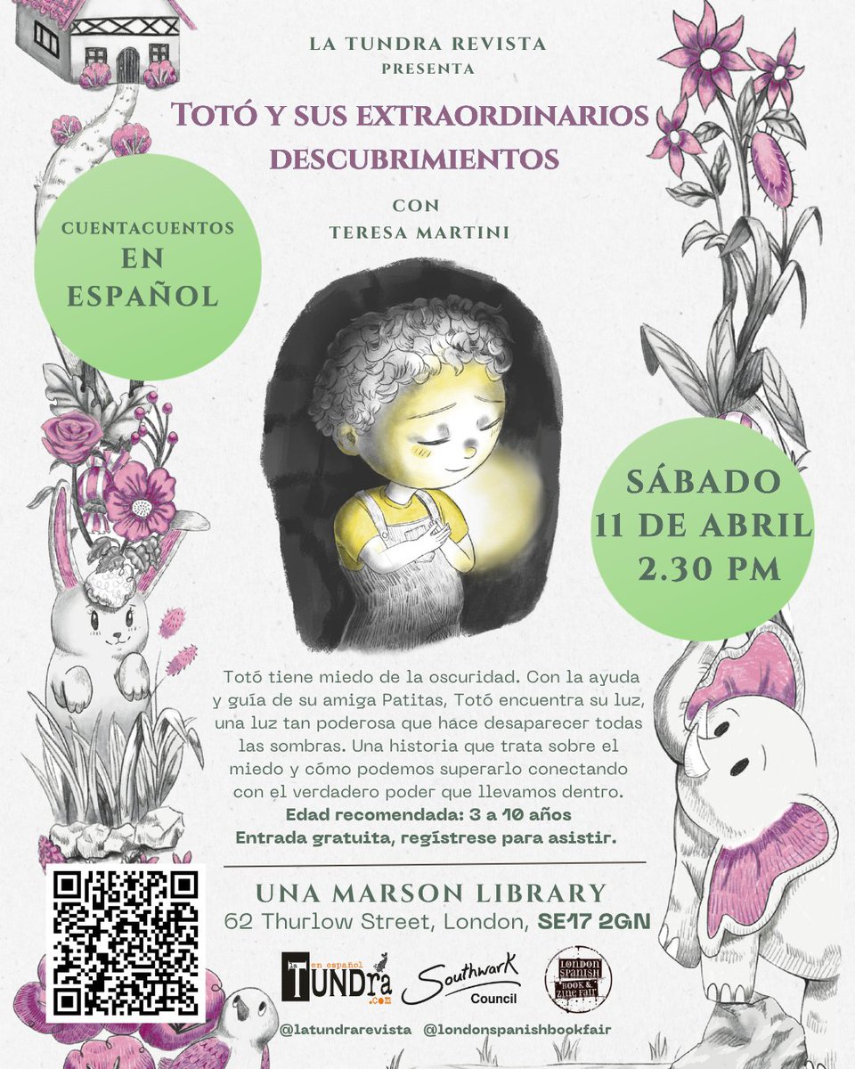 LondonSpanishBF's tweet image. Friendly Reminder. Invitation to families and children to our Storytelling in #Spanish. Sat 11 April Una Marson Library, London SE17 / 2.30 pm Free
Register to attend:
tickettailor.com/events/londons… @latundrarevista @sapodelondres #spanishinuk #bilingual #halfterm