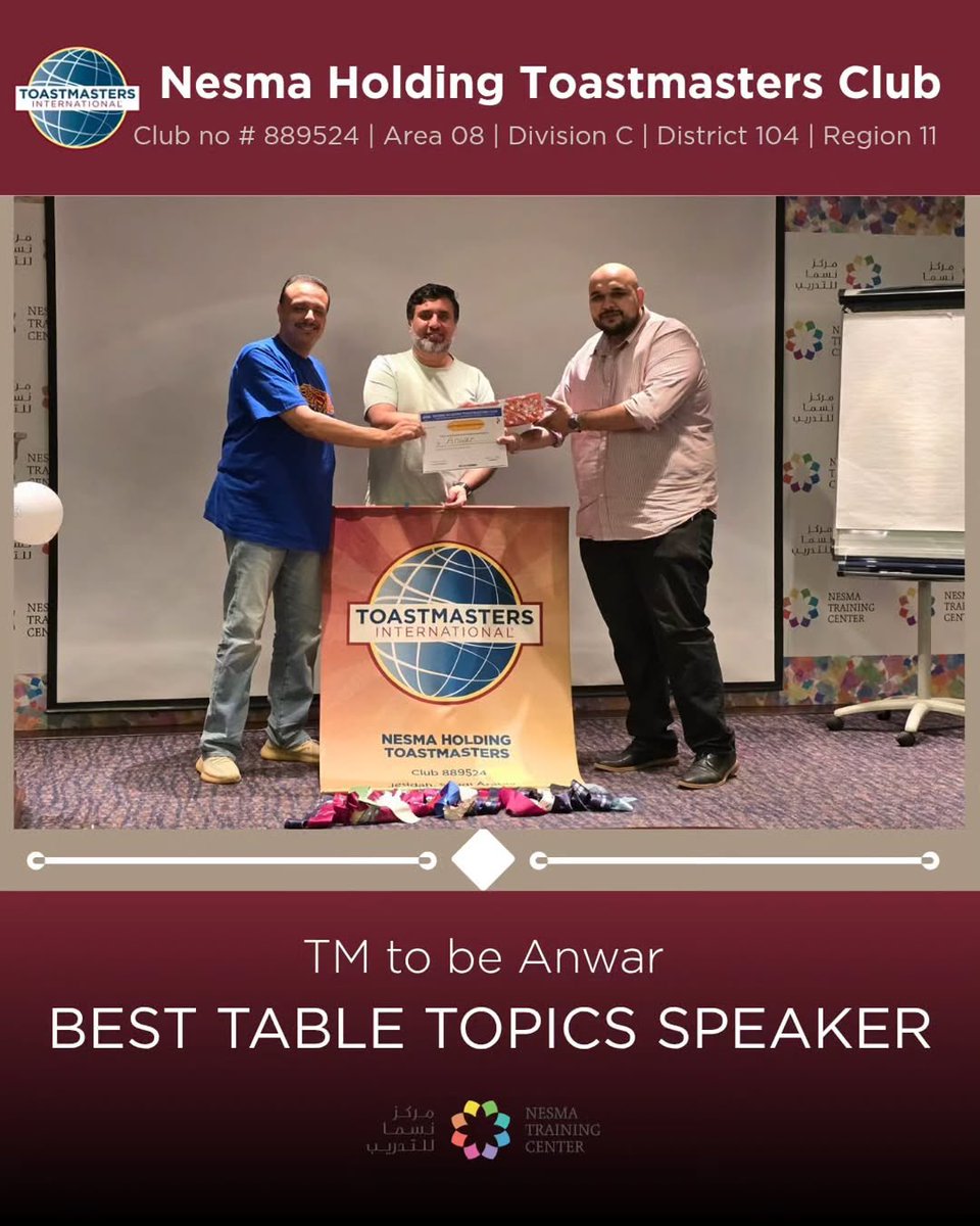 Look who stole the spotlight last meeting,

🏆 Best Table Topics – TM Maiyadah Aflah
🏆 Best Table Topics – TM to be Hanouf Alamoudi
🏆 Best Table Topics – TM to be Anwar

Quick thinking. Bold voices. Real confidence,

Energy? inspiring.
Vibes? unmatched.
Growth? happening live
