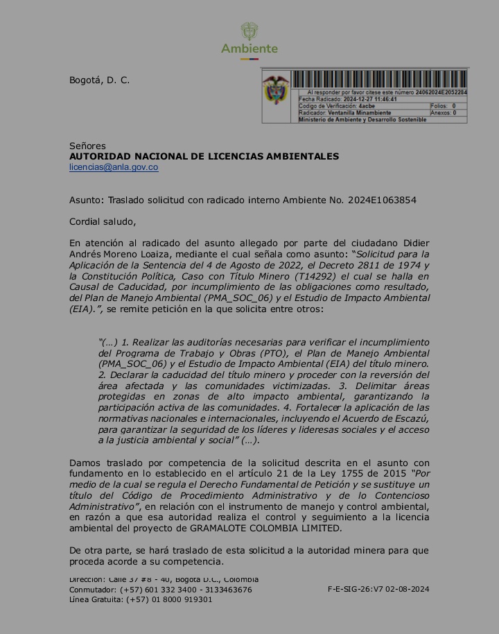 Caso con Título Minero (T14292) el cual se halla en Causal de Caducidad, por incumplimiento de las obligaciones como resultado.

Realizar las auditorías necesarias para verificar el incumplimiento, Declarar la caducidad del título minero y proceder con la reversión.