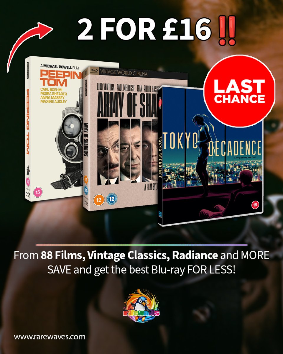 RarewavesCom's tweet image. LAST CHANCE‼️ rarewaves.com/2-for-16-deal

2 for £16 on BLU-RAY

Classics &amp;amp; cult gems from across the globe from labels like 88 Films, Vintage Classics and MORE

SAVE on the best films, MORE for LESS 🤑

#Deals #Discount #SaveMoney #CollectorsEdition