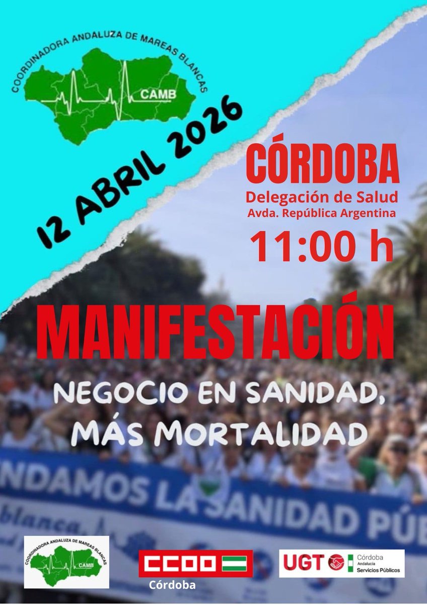 🔊 Al-Zahara 💪 llama.

👉 Manifestación por la sanidad pública 🚑 'Negocio en sanidad, más mortalidad'

📅 ¿CUÁNDO? El 12 de abril.

HORARIO. A las 11.00 🕚 horas.

🌍 ¿DÓNDE? Delegación de Salud (República Argentina).

👉 Organiza Mareas Blancas.

🗣️ ¡Ven! Es por tu interés

👇