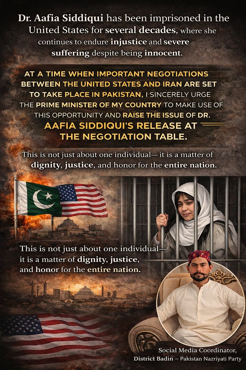 3PeaceForChange's tweet photo. Raise Dr. Aafia Siddiqui’s release in negotiations.
Stand for justice. Stand for dignity.
@CMShehbaz @MIshaqDar50 
@ShaheerSialvi @HamidMirPAK https://t.co/MPdVOmIUCp