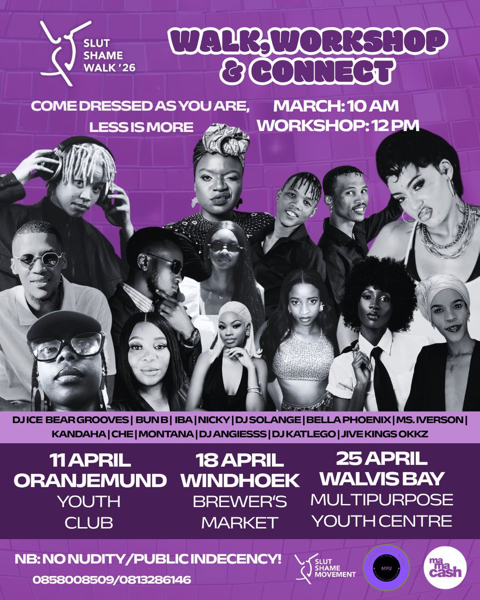 SLUT SHAME WALK 2026!💜✨

1 DAY TO GO #ORANJEMUND!
8 DAYS TO GO #WINDHOEK!!
15 DAYS TO GO #WALVISBAY!!!
Namibian sluts are you ready?! 💃🏾💜
Are you ready to shake the streets and have your voices heard?! Sign and share the petition to declare GBVF a National disaster in #namibia