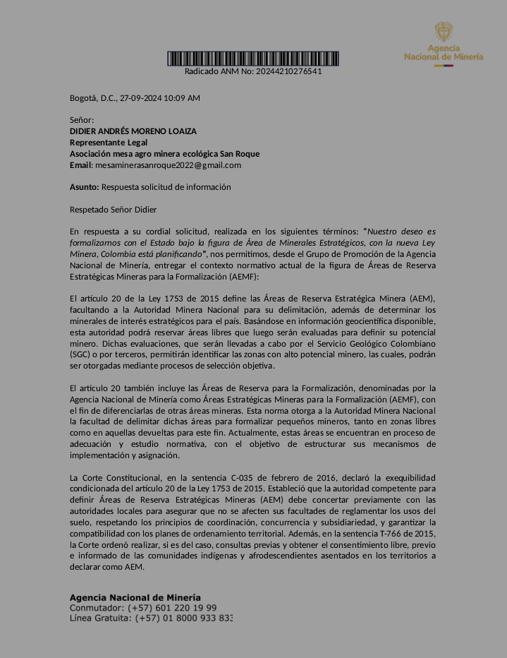 Ley 1753 de 2015 artículo 20, esta norma otorga a la Autoridad Minera Nacional la facultad de delimitar dichas áreas para formalizar pequeños mineros, tanto en zonas libres como en aquellas devueltas para este fin, exigimos a la <a href="/ANMColombia/">AgenciaNaldeMinería</a> declarar el  T14292011 en caducidad 🆘