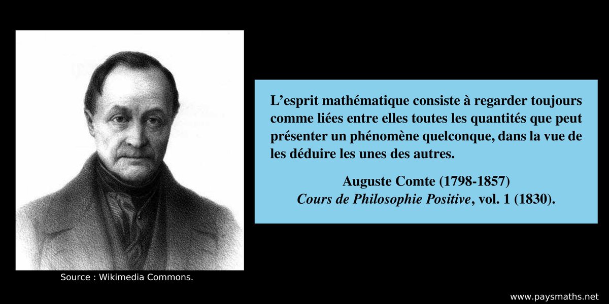 paysmaths's tweet image. "L'esprit mathématique consiste à regarder toujours comme liées entre elles toutes les quantités que peut présenter un phénomène quelconque, dans la vue de les déduire les unes des autres." –  Auguste Comte (1798-1857)
#citation #mathématiques #maths #math