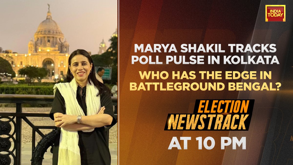 IndiaToday's tweet image. Who has the edge in battleground Bengal? @maryashakil tracks the poll pulse in Kolkata.

Coming up on #Newstrack at 10 pm, only on India Today. #Promo