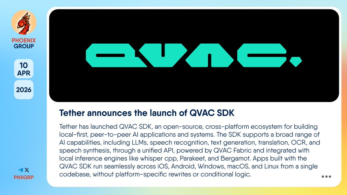 pnxgrp's tweet image. 🔥 @Tether announces the launch of @QVAC SDK 

#Tether has launched #QVAC SDK, an open-source, cross-platform ecosystem for building local-first, peer-to-peer #AI applications and systems. The SDK supports a broad range of AI capabilities, including LLMs, speech recognition, text