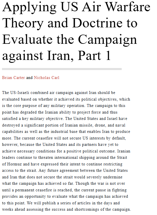 criticalthreats's tweet photo. The US-Israeli combined air campaign against Iran should be evaluated based on whether it achieved its political objectives, which is the core purpose of any military operation.

The campaign to this point has degraded the Iranian ability to project force and thus satisfied a key military objective. The current ceasefire will not secure US interests by default, however, because the United States and its partners have yet to achieve necessary conditions for a positive political outcome.

Any future agreement between the United States and Iran that does not secure the strait would severely undermine what the campaign has achieved so far.