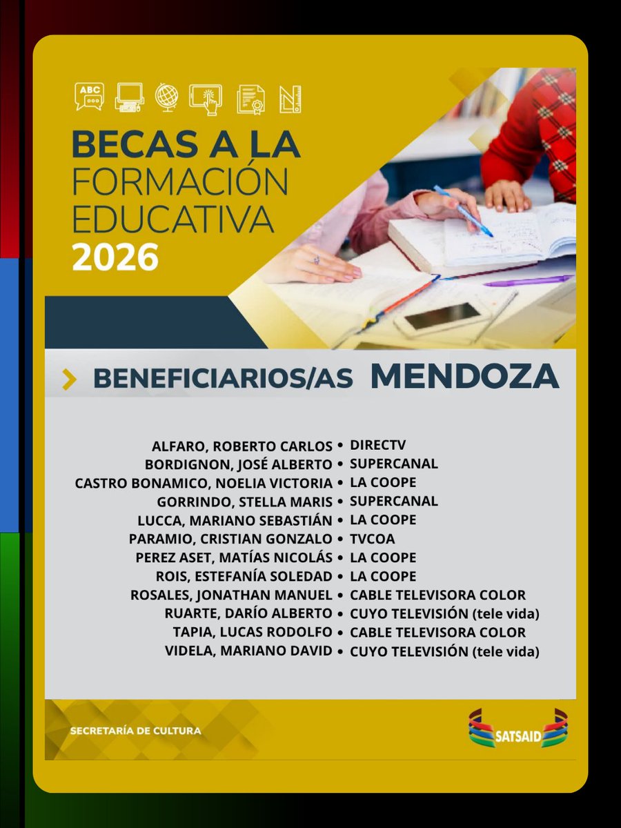 Haciendo un gran esfuerzo por acompañar a las familias del SATTSAID, como cada año, hemos dispuesto otorgar 300 becas de $60.000 c/y, con vigencia de ocho meses (de abril a noviembre de 2026).
En esta publicación detallamos el listado de los beneficiarios/as de nuestra seccional.