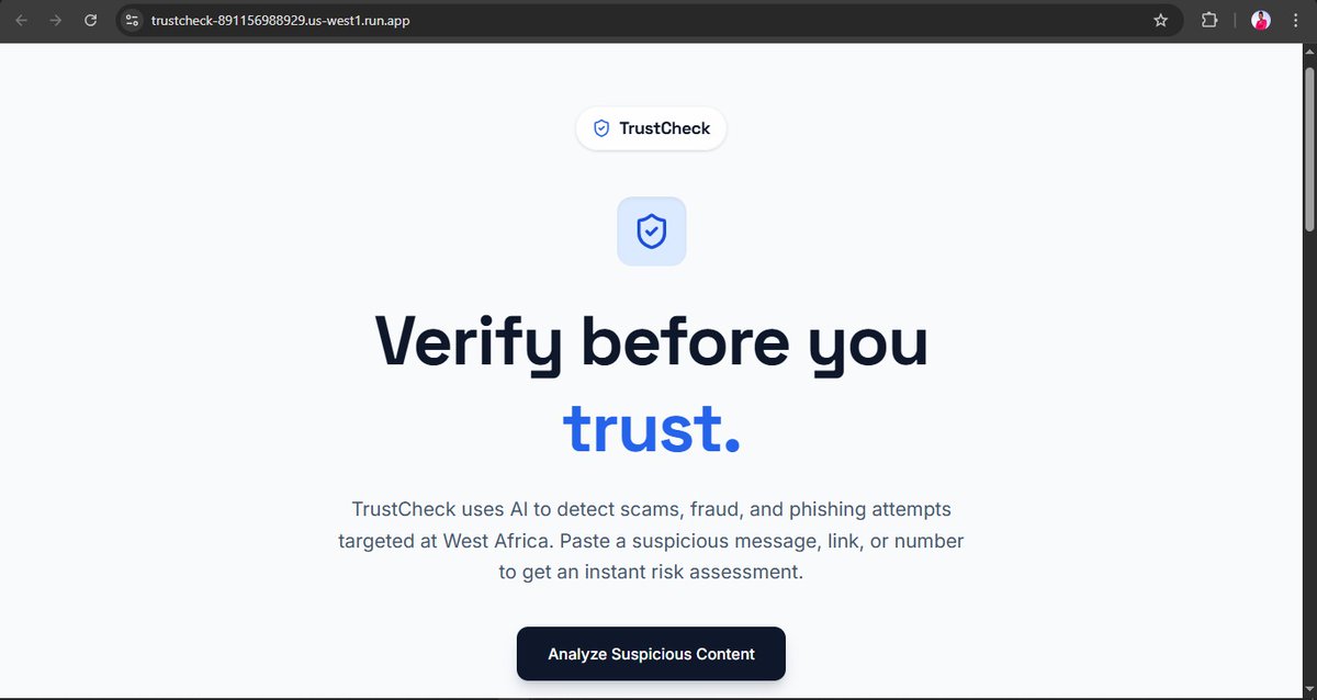 BlessedTechie's tweet photo. I’m among the top winners at the GDG West Africa Buildathon 🚀

Built TrustCheck in 60 mins using Google AI Studio an AI tool to verify suspicious messages, links, numbers &amp; social accounts.

Deployed on Google Cloud.
https://t.co/DXkpcNb1Hq

#BuildWithAI #GDG #GoogleAI https://t.co/cH6dh5oGhs