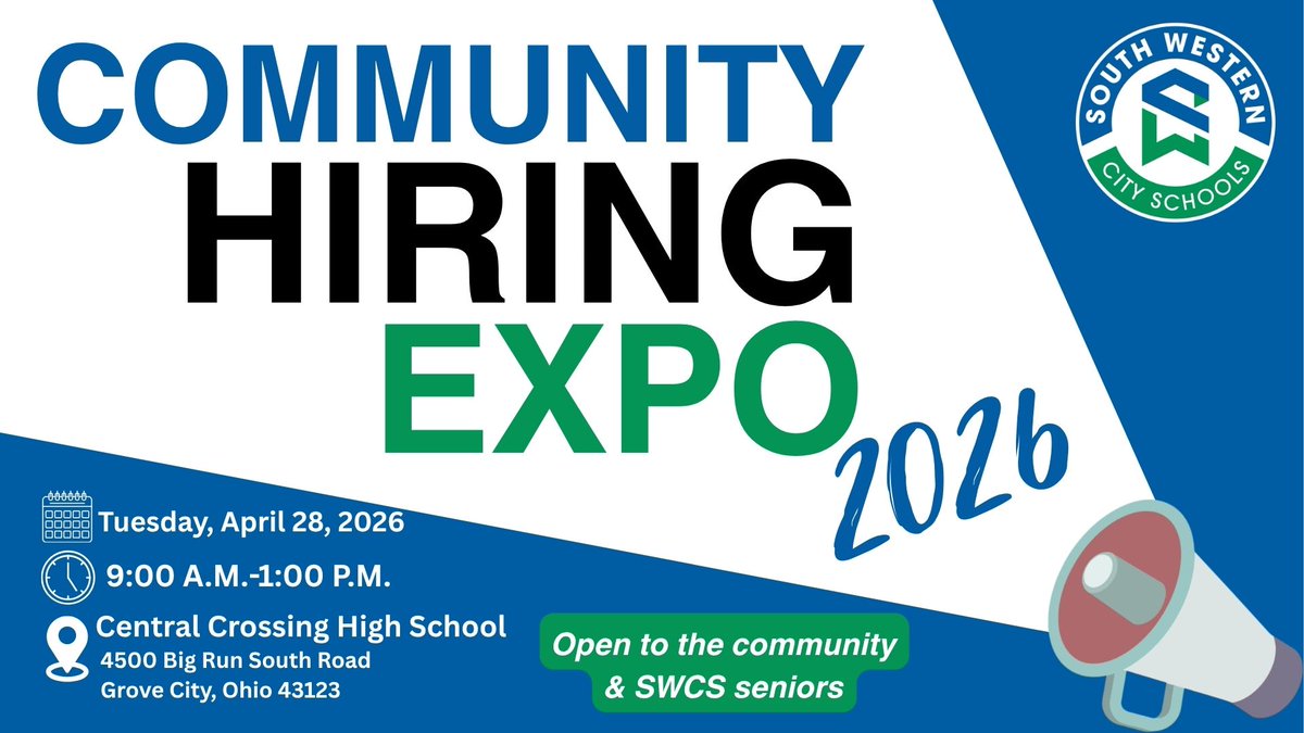 SWCSD's tweet photo. Save the Date! 🗓️
The 2026 Community Hiring Expo returns on Tuesday, April 28, 2026, from 9:00 a.m. to 1:00 p.m. at Central Crossing High School. This event is open to the community and all SWCS seniors.

More info here: https://t.co/X8AmnzfAa8 https://t.co/Ol4MeofYF3