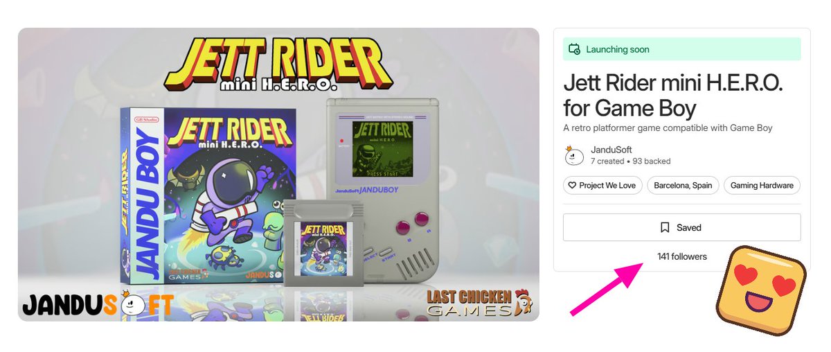 JanduSoft's tweet image. 😱 ¡Simplemente alucinante!

Jett Rider mini H.E.R.O., nuestra nueva campaña de #Kickstarter, ¡ya ha superado los 140 seguidores! Mucho fan de Game Boy tenemos por aquí 😏

¡Muchísimas gracias por el apoyo! (Abajo tenéis el link ^^)

😱Simply amazing!

Jett Rider mini H.E.R.O.,