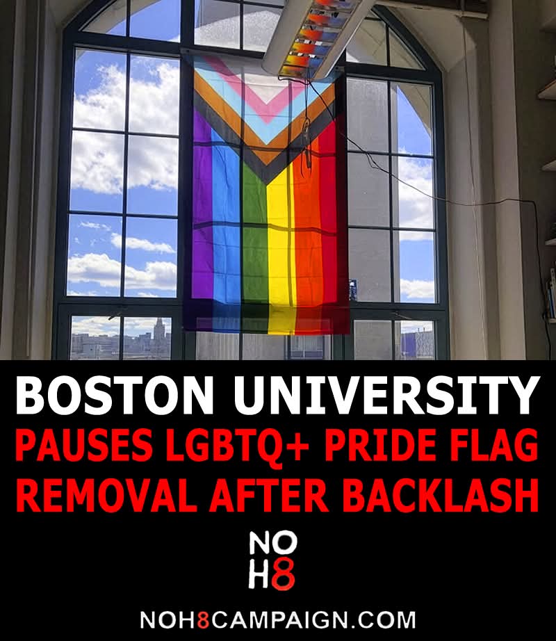 NOH8Campaign's tweet image. "I am deeply sorry" Boston University’s president apologized and paused the removal of LGBTQ+ Pride flags following campus backlash that included protests and a petition with more than 2,000 signatures #NOH8